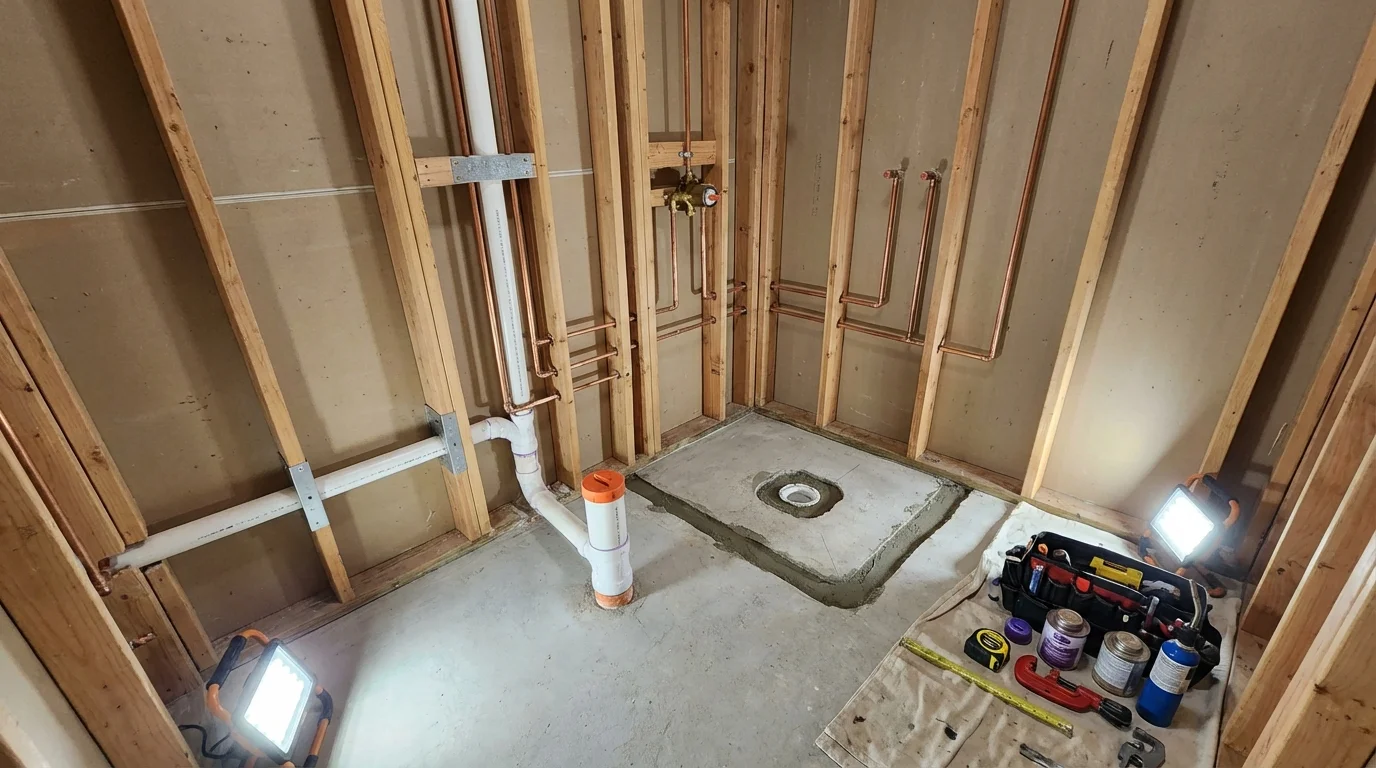 Bathroom rough-in plumbing during remodel by Johns Plumbing LLC in Auburn