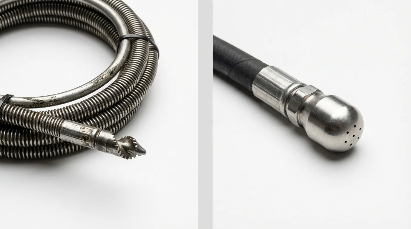 Drain snake cable and hydro jetting nozzle used for drain cleaning in Auburn, MI