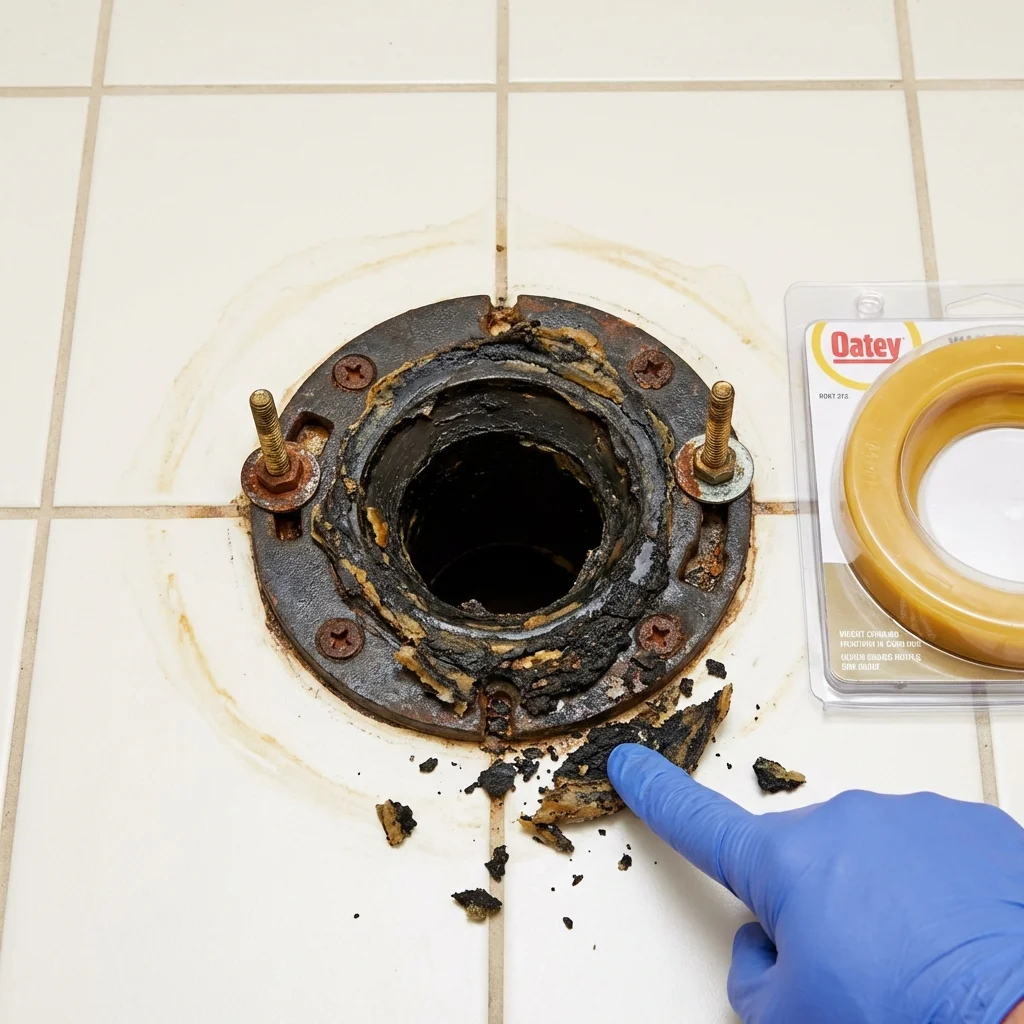 Failed wax ring showing water seepage at the base of a toilet in a Auburn, MI home