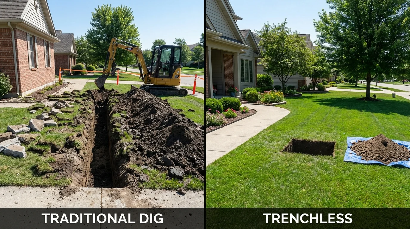 Trenchless sewer repair with minimal yard damage versus traditional excavation in Auburn, MI