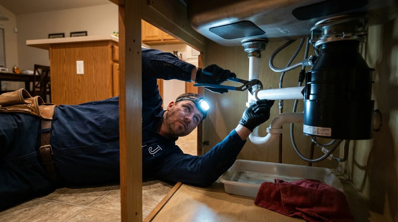 P-trap and supply line connections under a kitchen sink showing a common leak point in Auburn, MI